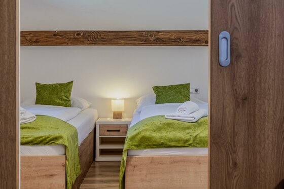 Zwei Einzelbetten mit grünen Decken und Kissen in einem hellen Zimmer mit Holzbalken.