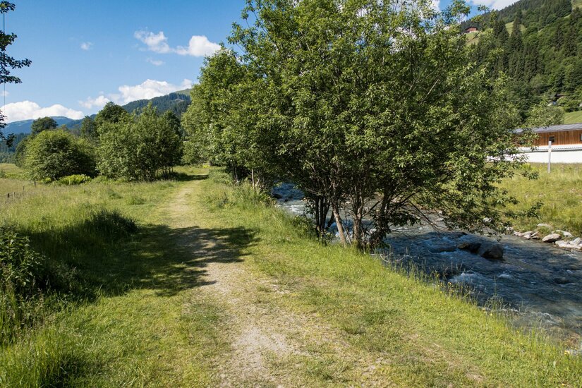 Wanderweg an der Askara Runde Ein schmaler Schotterweg führt entlang eines kleinen Flusses durch eine grüne Wiese mit Bäumen.