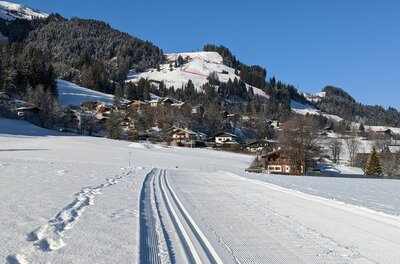 Stadtloipe Kitzbühel-Aurach-Jochberg Präparierte Langlaufloipe im Schnee vor einer Siedlung und bewaldeten Bergen unter blauem Himmel.