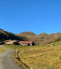 Schotterweg führt zu einer Holzhütte in einem alpinen Tal unter blauem Himmel.