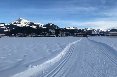 Sonnenloipe Golfplatz Runde Präparierte Langlaufloipe auf einer verschneiten Ebene vor einer Bergkulisse und Häusern.