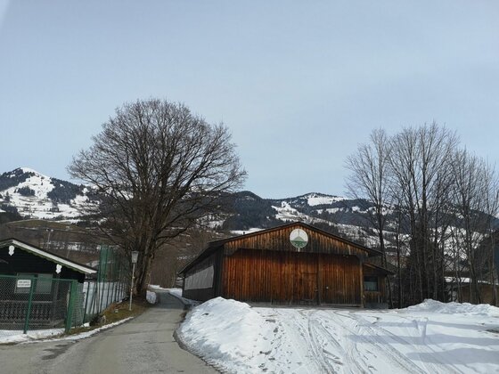 Holzscheune in Buchau Holzscheune an einer asphaltierten Straße vor schneebedeckten Bergen und kahlen Bäumen im Winter.