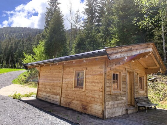 Eine gemütliche Holzhütte inmitten eines Waldes. Im Hintergrund sind grüne Bäume und ein klarer Himmel zu sehen.