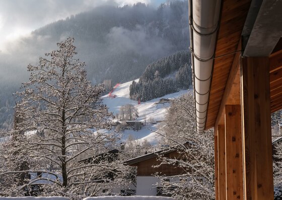 Blick von einem Holzhaus auf eine schneebedeckte Skipiste am bewaldeten Berghang bei Nebel.