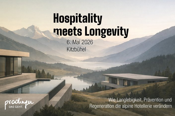 Ausblick in die Berge mit Seen und Beschreibung des Longevity Events