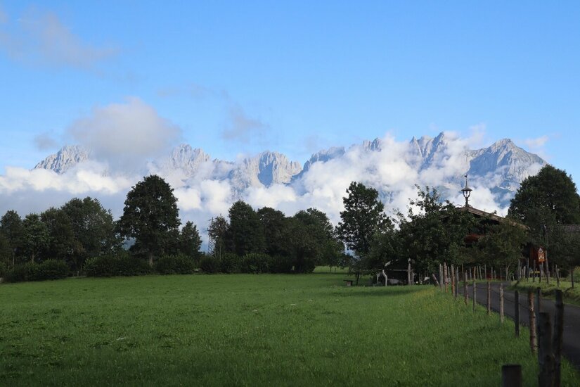 Blick auf das Kaisergebirge Grüne Wiese mit Bäumen vor einem wolkenverhangenen Gebirgsmassiv unter blauem Himmel.
