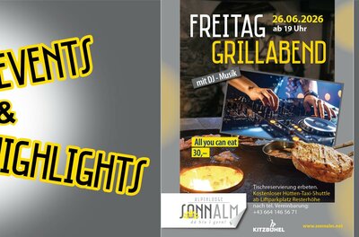 Grillabend DJ Ein Plakat für einen Grillabend am 13.09.2025 in der Alpenlodge Sonnalm. Es zeigt Grillgerichte und kündigt einen Live-Act von Marco Spiegl an.