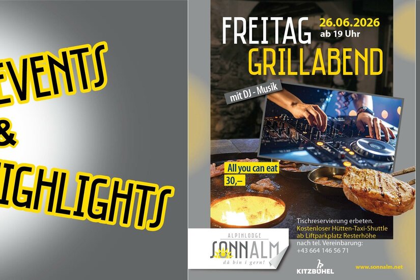 Grillabend DJ Ein Plakat für einen Grillabend am 13.09.2025 in der Alpenlodge Sonnalm. Es zeigt Grillgerichte und kündigt einen Live-Act von Marco Spiegl an.