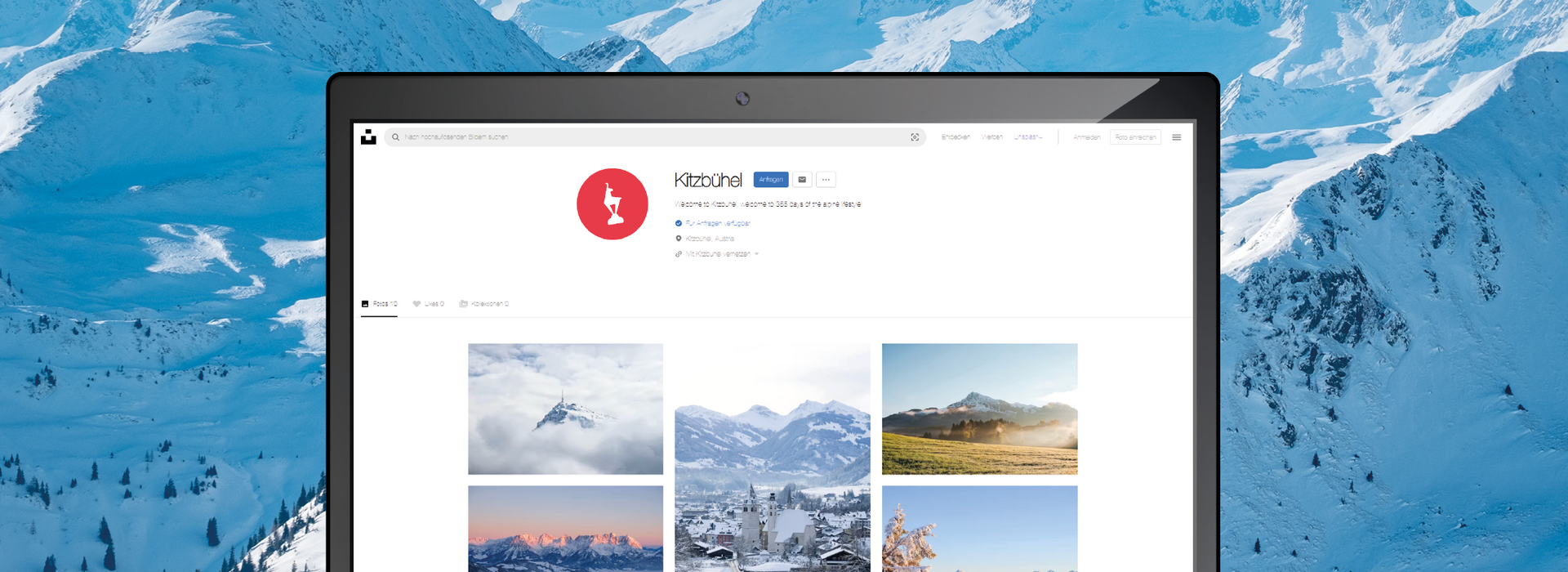 [Translate to EN:] Bild eines Mockups von einem Laptop mit dem Kitzbühel Tourismus Unsplash Profil