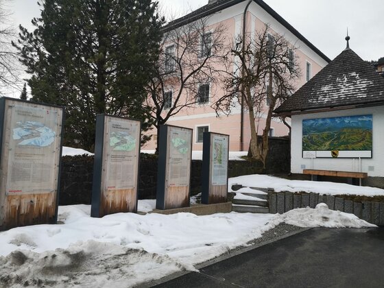 Infopoint am Auweg Vier Informationstafeln und eine Panoramatefel vor einem rosa Gebäude im Schnee.
