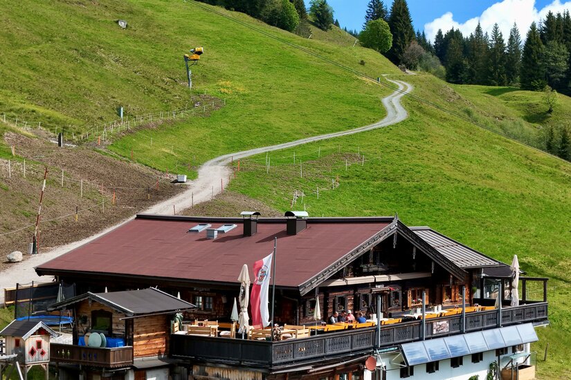 Berghütte aus Holz mit Sonnenterrasse vor einem grünen Grashang mit Schotterweg.