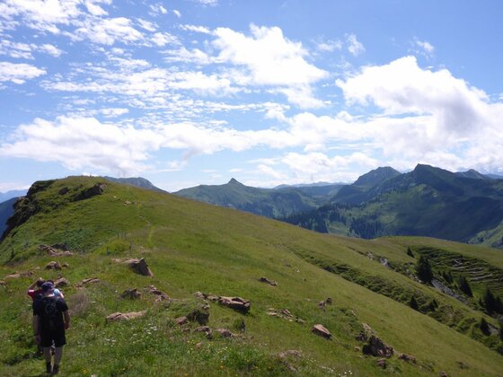 Wanderung am Stuckkogel Wanderer auf einem grasbewachsenen Bergrücken vor alpinem Panorama unter blauem Himmel.