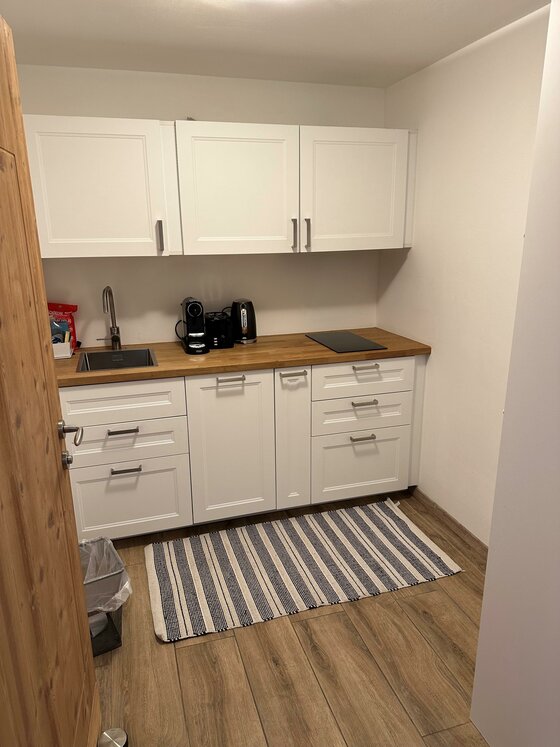 2. Apartment Eine moderne Küche mit weißen Schränken und einer Holzarbeitsplatte. Auf der Arbeitsfläche stehen eine Kaffeemaschine und zwei Kochfelder.