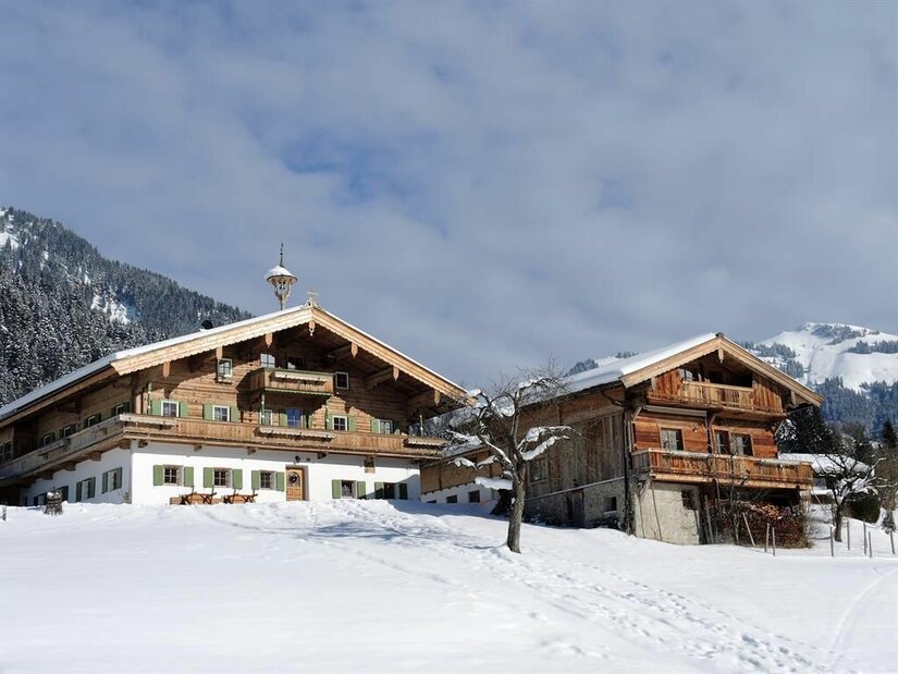 Zwei traditionelle Holzhäuser mit Satteldächern in einer verschneiten Alpenlandschaft unter bewölktem Himmel.