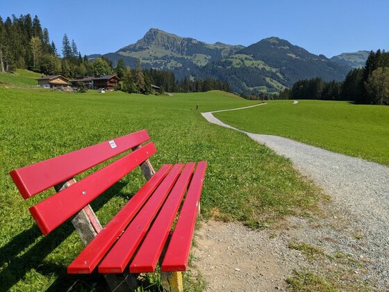 Rastplatz am KitzTrail Balance Rote Holzbank an einem geschotterten Wanderweg vor grünen Wiesen und Bergen.