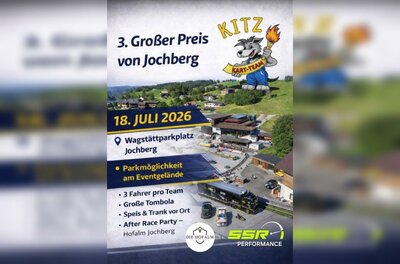 Ein Plakat für den 3. Großen Preis von Jochenberg. Es zeigt Informationen über das Event, einschließlich des Datums und des Veranstaltungsorts.