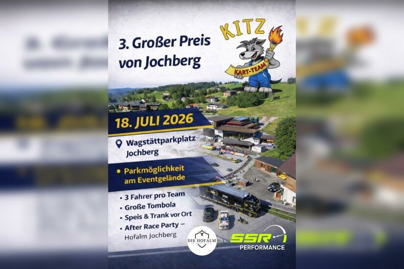 Ein Plakat für den 3. Großen Preis von Jochenberg. Es zeigt Informationen über das Event, einschließlich des Datums und des Veranstaltungsorts.