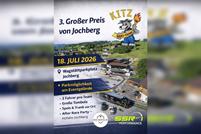 Ein Plakat für den 3. Großen Preis von Jochenberg. Es zeigt Informationen über das Event, einschließlich des Datums und des Veranstaltungsorts.