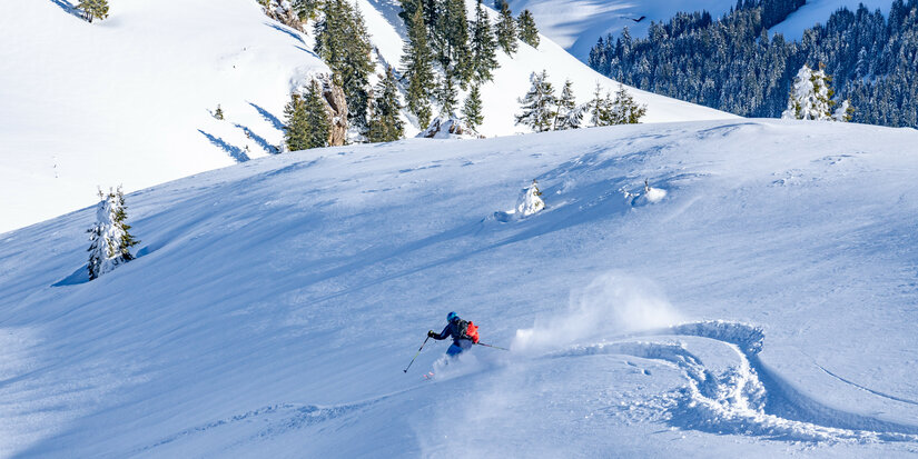In the Kitzbühel ski resort, a skier glides through fresh, untouched snow in a wintry landscape with trees in the background.