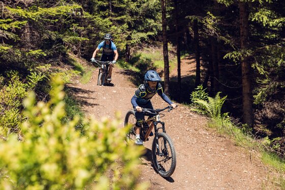 Mountainbiken auf dem Lower Streiteck Trail Ein Kind und ein Erwachsener fahren mit Mountainbikes auf einem schmalen Erdpfad durch einen Nadelwald.