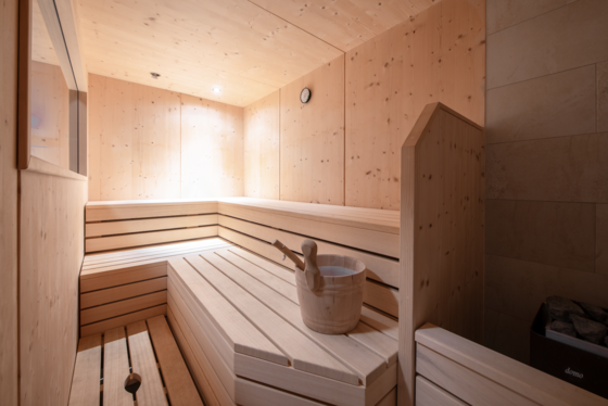 Sauna in der Altstadtvilla Innenansicht einer modernen Holzsauna mit Sitzbänken auf zwei Ebenen und einem Aufgusskübel.