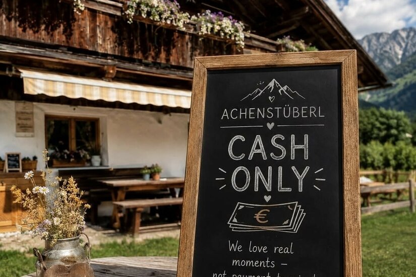 Zahlungshinweis am Achenstüberl Kreidetafel mit der Aufschrift Cash Only vor einer Holzhütte in den Bergen.