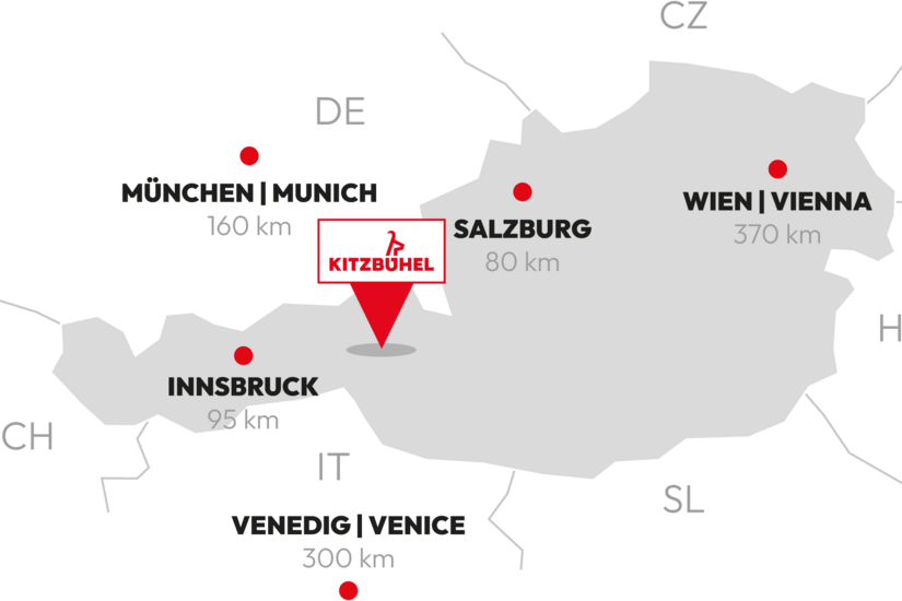 Eine Karte von Österreich zeigt Kitzbühel als zentralen Punkt mit Entfernungen zu wichtigen Städten wie Wien und Salzburg.