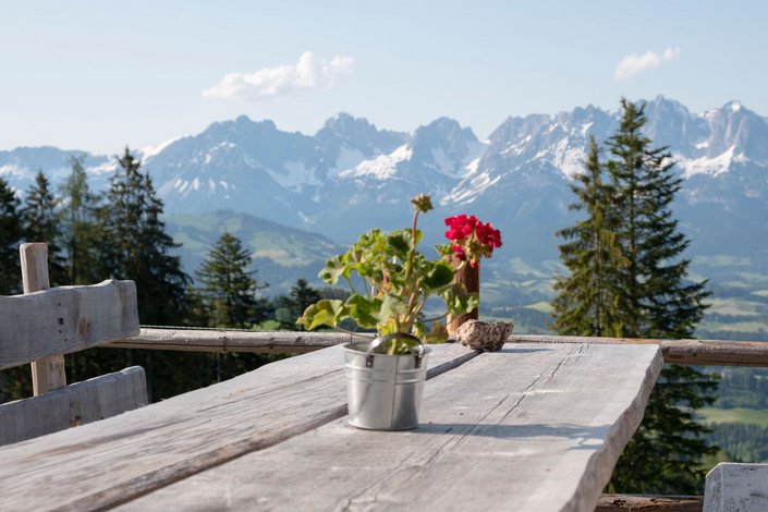 Holztisch auf Alm mit Bergpanorama