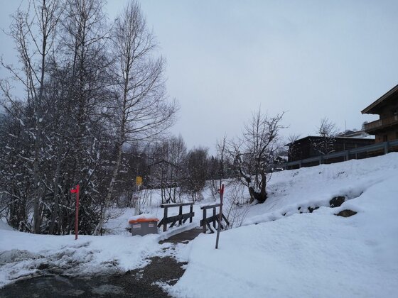 Verschneiter Wanderweg mit kleiner Holzbrücke und kahlen Bäumen unter grauem Himmel.