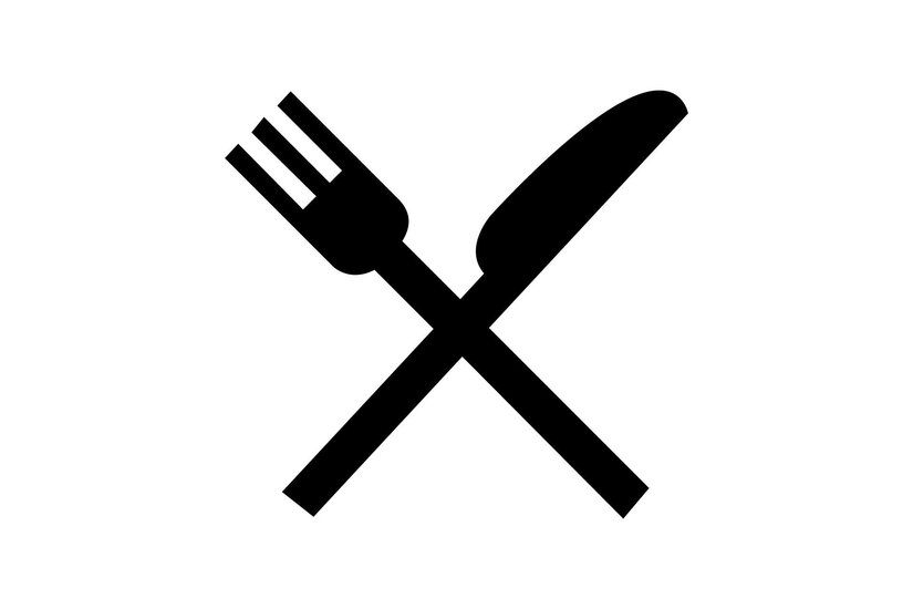 Ein Bestecksymbol mit einer Gabel und einem Messer, gekreuzt. Es steht für Essen und Gastronomie.