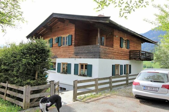 Zweistöckiges Holzhaus mit weißem Erdgeschoss, grünen Fensterläden und einem davor stehenden Hund.