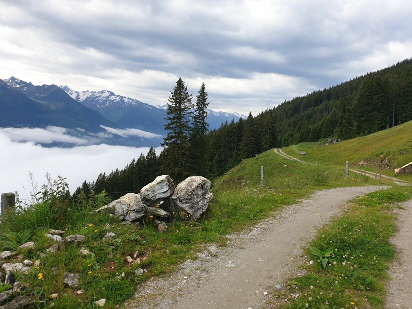 Schotterweg am Grashang mit Blick auf bewaldete Berge und ein Wolkenmeer im Tal unter bewölktem Himmel.