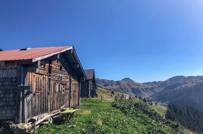 Almhütten am Schützkogel Alpinsteig Rustikale Holzhütten auf einer grünen Almwiese vor einem Gebirgspanorama unter blauem Himmel.