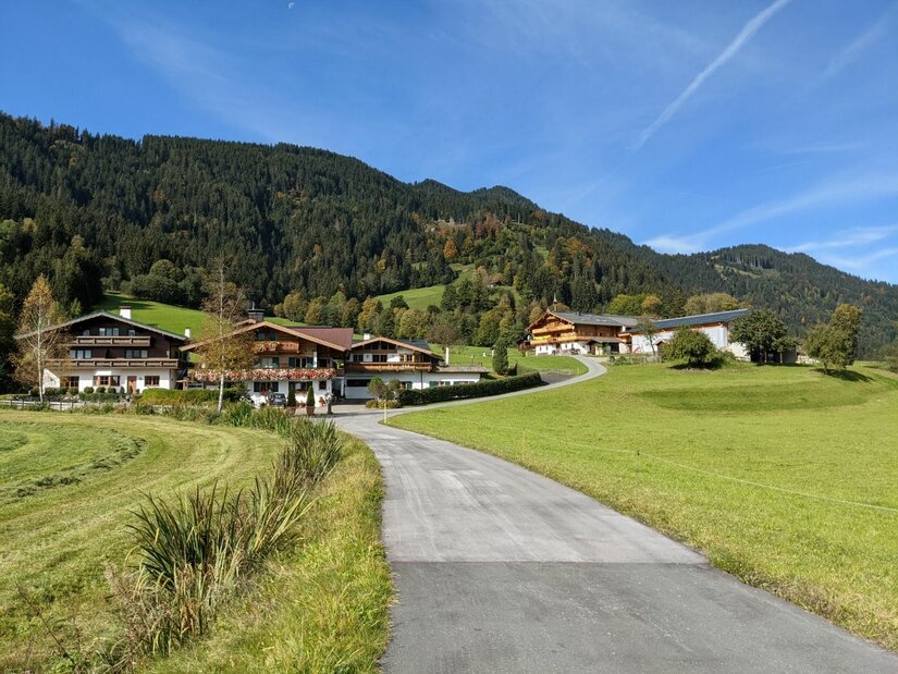 Asphaltierter Weg führt zu einer Gruppe von Alpenhäusern vor bewaldeten Bergen unter blauem Himmel.