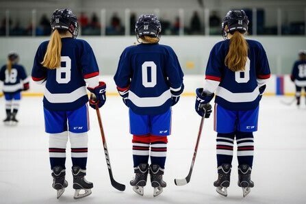Drei Eishockeyspielerinnen in blauen Trikots stehen von hinten gesehen mit Schlägern auf einer Eisfläche.