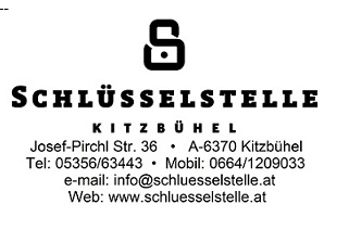 Eine Geschäftskarte der Schlüsselstelle in Kitzbühel. Sie zeigt Kontaktinformationen und die Adresse.