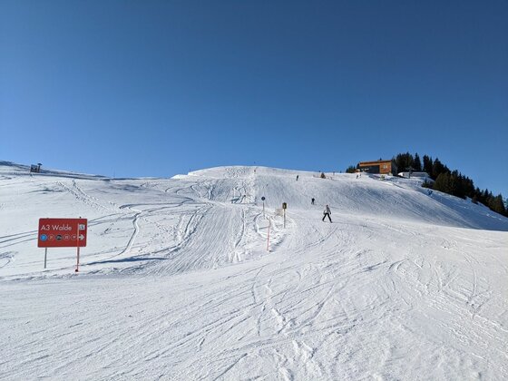 Skipiste mit Panorama-Wanderroute Präparierte Skipiste mit Hinweisschild und Skifahrern unter blauem Himmel.