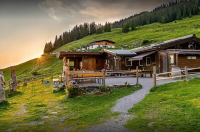 Holzhütte auf einer grünen Almwiese vor bewaldetem Hang bei Sonnenuntergang.