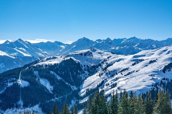 Verschneite Berggipfel und bewaldete Hänge unter blauem Himmel im Skigebiet.