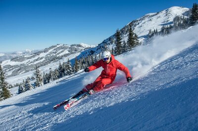 Skifahrer auf der Piste Skifahrer in rotem Anzug fährt eine präparierte Piste hinunter, im Hintergrund verschneite Berge und Nadelbäume.