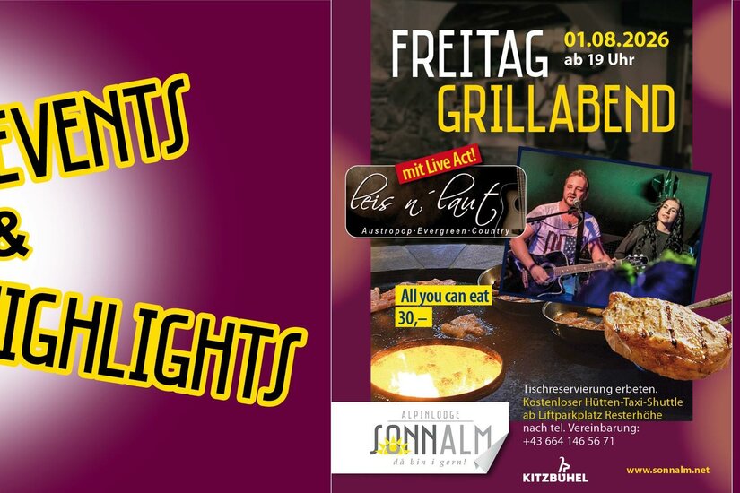 Grillabend leisnlaut Ein Plakat für einen Grillabend am 13.09.2025 in der Alpenlodge Sonnalm. Es zeigt Grillgerichte und kündigt einen Live-Act von Marco Spiegl an.