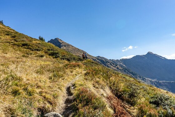 Wanderweg an den Südbergen Schmaler Wanderpfad an einem grasbewachsenen Berghang mit zwei Wanderern im Hintergrund unter blauem Himmel.