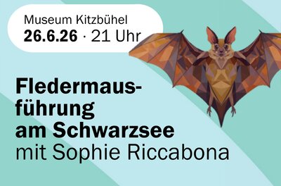Fledermaus Eine grafische Ankündigung für eine Fledermausführung am Schwarzsee. Das Event findet am 26. Juni 2026 um 21 Uhr mit Sophie Riccabona statt.