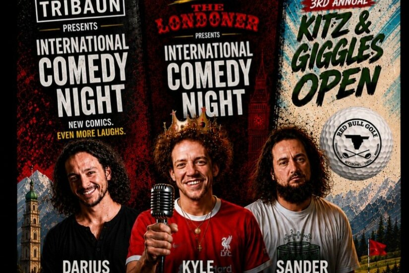 Veranstaltungsplakat für Kitz & Giggles mit drei Comedians vor einer Bergkulisse und Golf-Motiven.