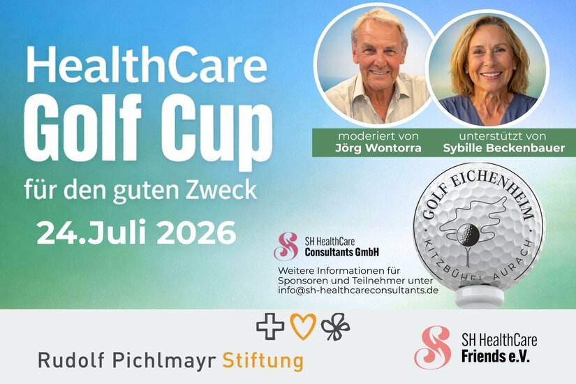Ankündigungsplakat für den HealthCare Golf Cup am 24. Juli 2026 mit Porträts von Jörg Wontorra und Sybille Beckenbauer.