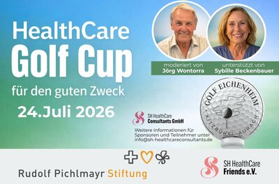 Ankündigungsplakat für den HealthCare Golf Cup am 24. Juli 2026 mit Porträts von Jörg Wontorra und Sybille Beckenbauer.