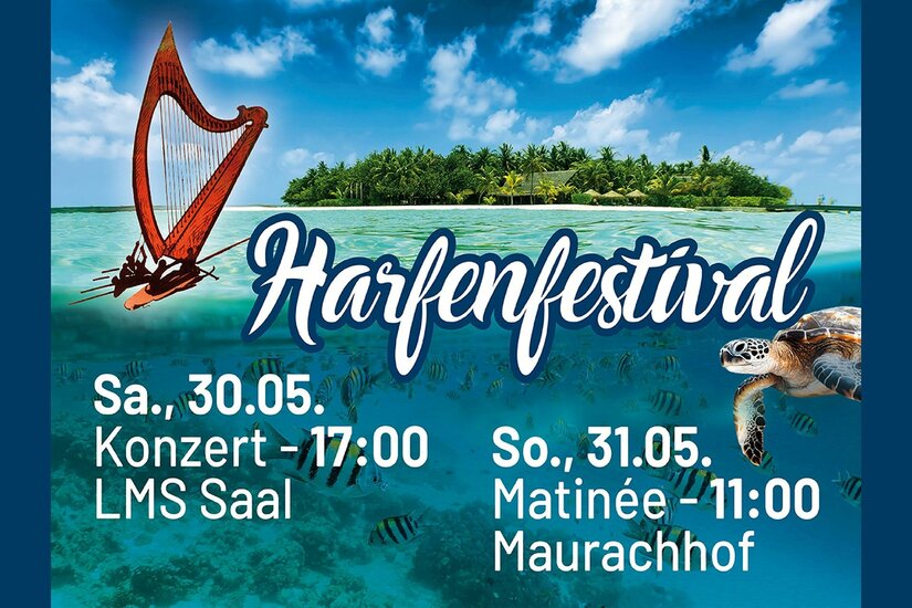 Plakat Harfenfestival Veranstaltungsplakat zum Harfenfestival mit tropischer Insel, Unterwasserwelt und einer Harfe als Segel.