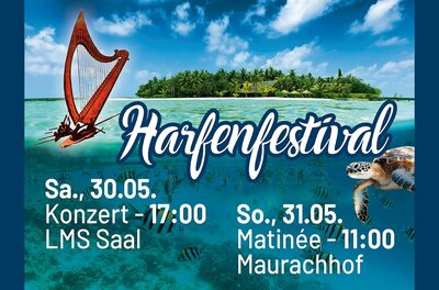 Veranstaltungsplakat zum Harfenfestival mit tropischer Insel, Unterwasserwelt und einer Harfe als Segel.