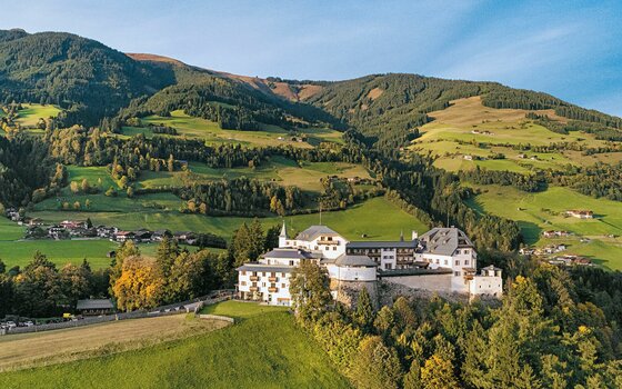 Schloss Mittersill in Berglandschaft Luftaufnahme von Schloss Mittersill vor bewaldeten Berghängen und grünen Wiesen.