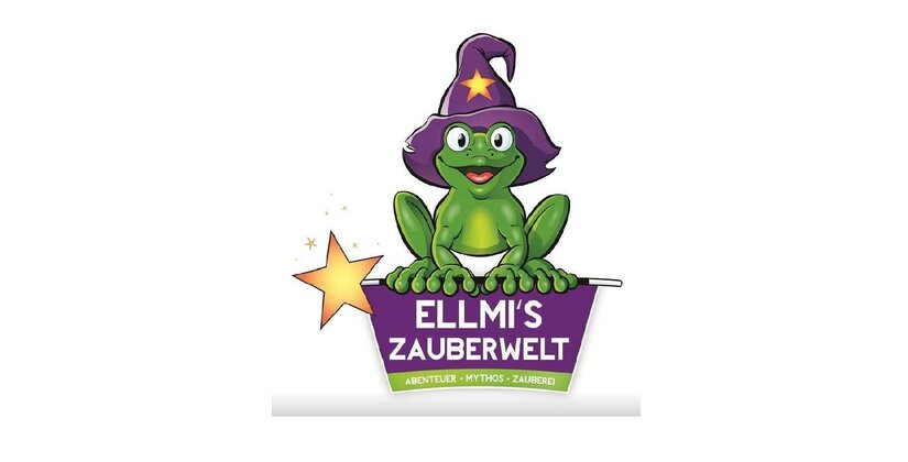 Logo_Ellmi`s_Zauberwelt Ein grüner Frosch mit einem Zauberhut sitzt auf einem Zauberstab. Das Logo gehört zu "Ellmi's Zauberwelt" und vermittelt ein magisches Erlebnis.